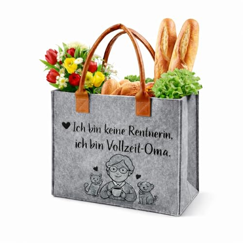 KIJUK Filztasche Geschenke für Frauen Oma, Filz Shopper Bag für Damen Herren, Filz Einkaufstasche Tote Bag mit Aufdruck, Geschenk für Oma zum Geburtstag Muttertag Weihnachten Ruhestand