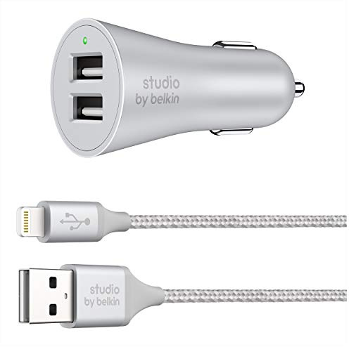 Belkin Studio 4,8 A 24 W 2 Port KFZ-Ladegerät mit 1,5 m geflochtenem Lade-/Synchronisierungskabel für iPhone iPad (Silber)