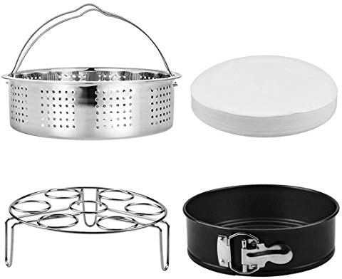 Steamer Basket, Egg Rack Holder, 7 Non-stick Springform Cake Pan, 50 Pcs Cake Paper for Instant Pot Accessories, Vegetable Food Steamer Rack. Fit Pot 5,6,8 qt Pressure