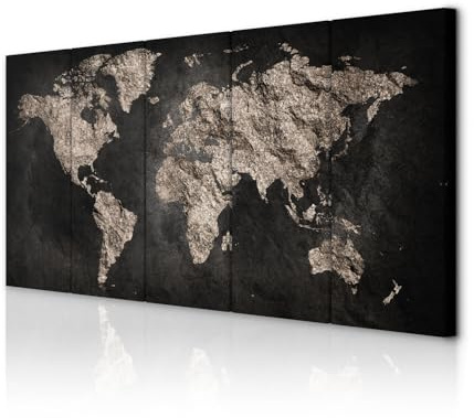decomonkey Wandbilder Weltkarte 200x80 cm 5 Teilig Wandbild Groß Wohnzimmer | Leinwandbild XXL, Deko, Schlafzimmer, Büro, Wanddeko, Leinwand, Pictures For Wall, Poster, Wall Painting, Modern, Landkarte