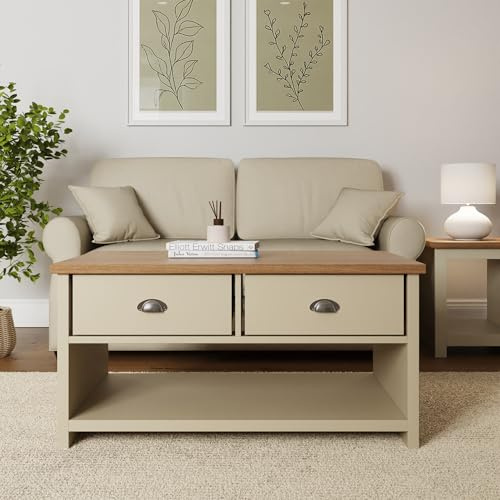 GFW Lancaster Coffee Table with 2 Drawers & Undershelf Storage, Wooden Living Room Table with Display Shelf, Home Furniture Centre Table, Cream, W99 x H50 x D55 cm