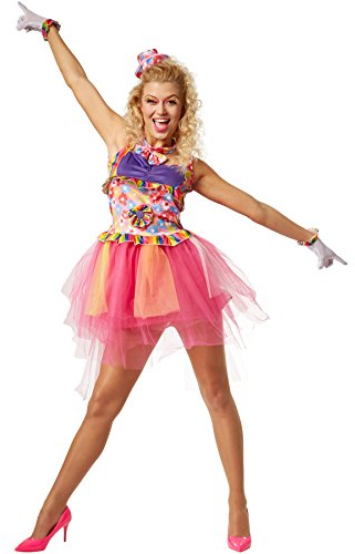 dressforfun Frauenkostüm Musikstar der 80er Jahre | Buntes Komplettkostüm mit Tüll | incl. Hütchen, Netzhandschuhe und Fliege mit Blumenmuster (XXL | no. 301686)