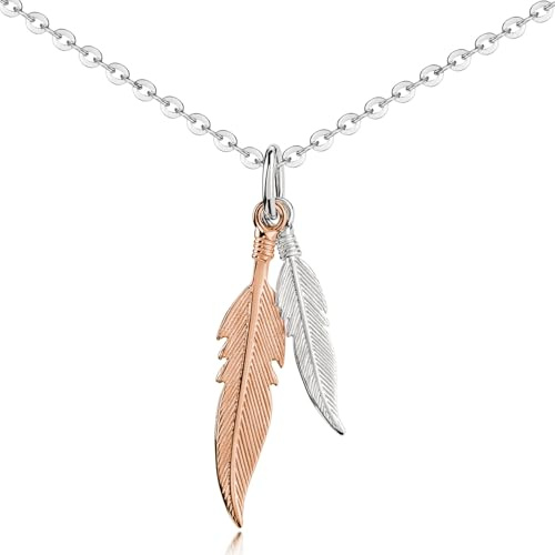 MATERIA Damen Anhänger Feder Silber 925 Rosegold bicolor vergoldet mit Halskette und Geschenk-Box KA-132-Rose