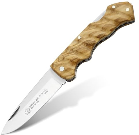 PUMA IP – Taschenmesser Ondular Pocket Olive - Klappmesser - 83mm Klinge aus AN.58 Stahl (58-59 HRC) - Handgefertigt - Griff aus echtem Olivenholz (Art.Nr.: 822411)