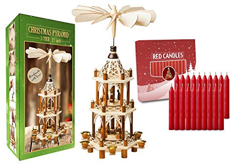 German Christmas Decoration Pyramid-21 Inches-with 20pcs Red Candles Included-Wood Nativity Scene -Christmas and Tabletop Holiday Decor-3 Tiers Carousel-6 Candle Holders-German Design (Natural)