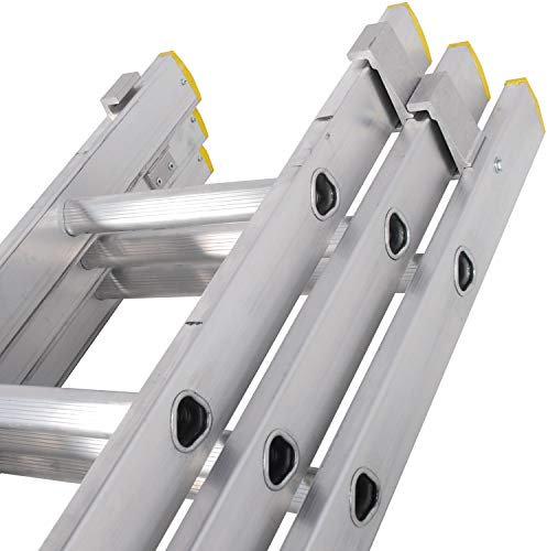 4m – 9.9m Aluminium TRIPLE Section Extension Ladders & Stabiliser Feet –45 Rung- Lightweight Metal Construction – Non-Slip Feet & Treads – Ribbed ‘D’ Rungs – 3 Ladder Adjustable Height