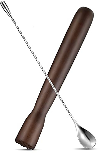 Patelai Wooden Cocktail Drinks Muddler Bar Muddler and 12 Inches Bar Spoon Stainless Steel Shaker Spiral Mixing Spoon for Making Cocktails Mojito Lemonade Drinks Juice