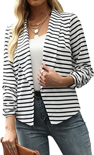 POGTMM Womens Fitted Blazer Jacket 3/4 Ruched Sleeve Lightweight Work Office Blazer(White Stripes,S)