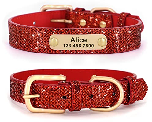 Didog Glitzer-Hundehalsband, personalisierbar, PU-Leder mit glitzernden Pailletten, personalisierbares Hundehalsband mit graviertem Namensschild für kleine, mittelgroße Hunde und Katzen, Rot, Größe S