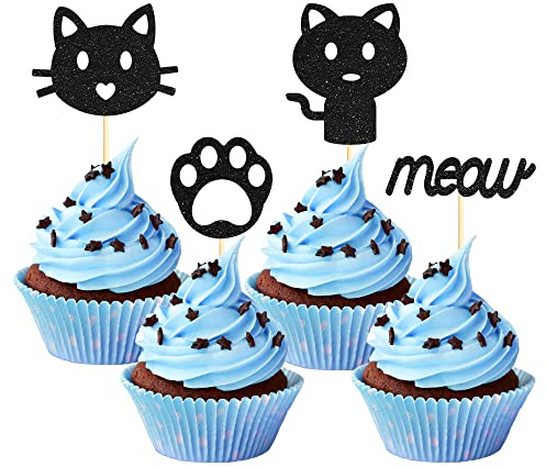 24PCS Cat Cupcake Toppers Black Glitter Cat Face Cupcake Toppers for Kitten Themed Baby Shower Kids Birthday Party Supplies Decorations