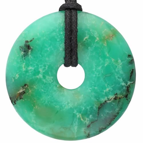 Lebensquelle Plus Edelstein Donut Ø 40 mm + Baumwollband + Edelsteinkarte | Naturstein Anhänger Halskette | Echte Heilsteinkette inkl. Band (Chrysopras)