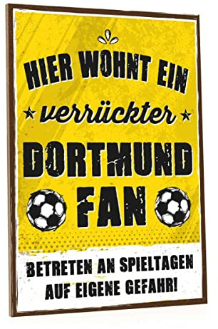 GRAVURZEILE Holzschild - Hier wohnt ein verrückter Fußball Fan - Farbiger Kunstdruck auf Holz für Fussball Fans - Wand Dekoration im Vintage Look - Geschenke für Sie & Ihn - Farbe Dortmund