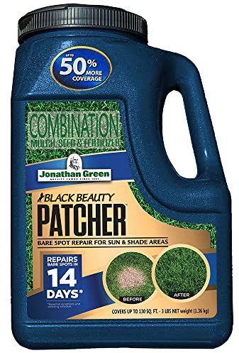 Jonathan Green (10450) Black Beauty Patcher - Reparación de puntos desnudos para zonas de sol y sombra, semillas de hierba, fertilizante y mantillo de temporada fría (3.5 libras)