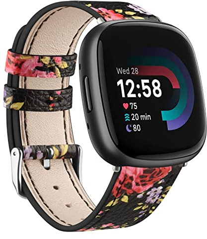 Lederarmbänder für Fitbit Versa 4/3/Sense 2/Sense, Damen & Herren, echtes Leder (Schwarz Rosa Blume)