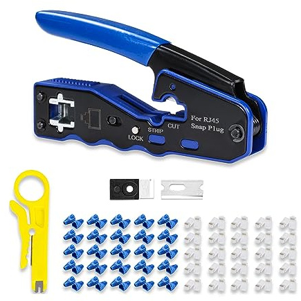 6COMGIGA Kit de Herramientas de Crimpado RJ45 Todo en Uno, Crimpadora Ethernet para Conectores Modulares Cat5e/Cat6/Cat6a 8P8C, Con Mini Pelacables, 50 Conectores y Cubiertas
