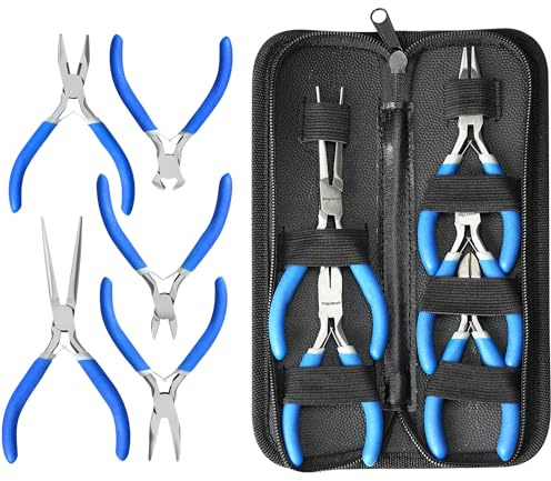 SOONAN 5 Pieces Mini Pliers, Long Lasting Tool Set Cable Cutters, Long Needle Nose, Long Nose, Nipper Bent Nose, End Cutting, Diagonal Cutting, Precision Pliers Set