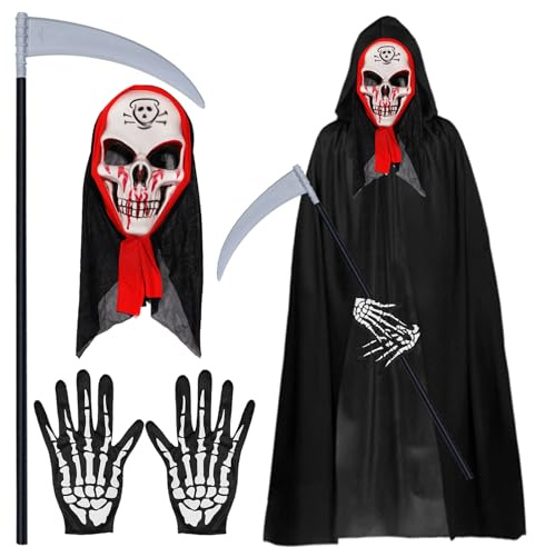 Disfraz de Halloween: Máscara de Cara, Capa Con Capucha de Vampiro, Máscara de Terror, Guantes de Esqueleto y Guadaña de la Muerte