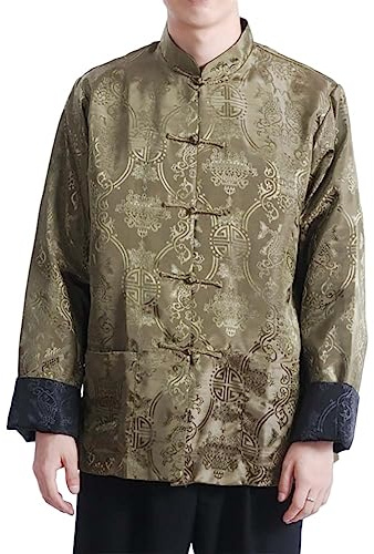 Chinese New Year Men Traditional Tang Jacket Kung Fu Wing Chun Uniform Wedding Party Long Sleeve Top Coat (50# Green/Black, L)