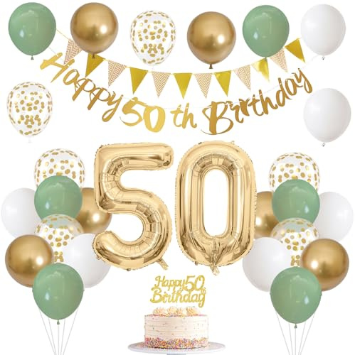 50th Birthday Decorations for Men Women, Sage Green White Gold Balloons 50th Banner Cake Decoration Number 50 Balloon for 50 Year Old Birthday Party Decor | Happy 50th Birthday Banner Retro Green White Gold Balloon Cake Topper 50 Foil Balloon for Men 50 Year Old Party Decorations