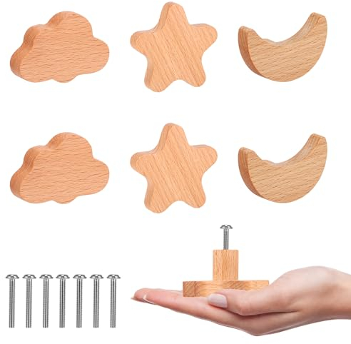 COZHYESS Möbelknöpfe, 6 x 2,36 cm, Massivholz, Schrankknauf, niedlicher Stern, Wolke, Mond, Ziehgriff, Dekoration mit Schrauben, für Heimdekoration, Schrank, Kleiderschrank, 6 Stück