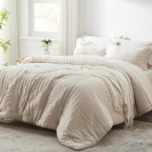 Lanqinglv Biancheria da letto in seersucker, 155 x 220 cm, 2 pezzi, beige, double-face, in microfibra, 1 copripiumino e 1 federa 80 x 80 cm