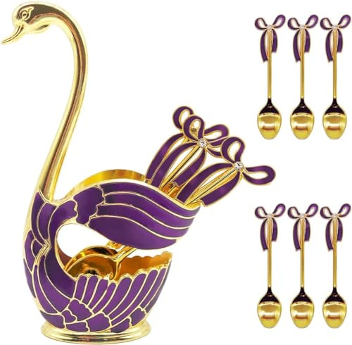 6-teilige Kaffeelöffel Besteck, Dessert Löffel Set mit dekorativen Swan Bottom Holder, Edelstahl Teelöffel Schwanenform Löffel Set für Kaffee/Dessert/Eislöffel/Kuchen (Goldenes Lila)
