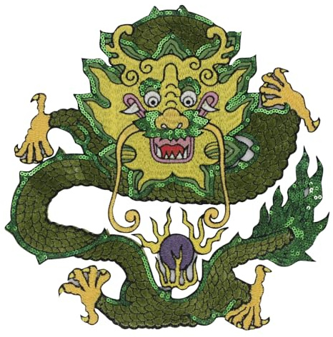 Große grüne Pailletten-Drachen-Applikation, Flicken für Kleidung, DIY, Stickerei, grüner chinesischer Drache, bestickter Aufnäher