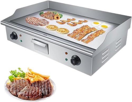 Commercial Electric Countertop Griddle Flat Top Grill Hot Plate BBQ, 4400W Teppanyaki Stainless Steel Grill with Dual Temperature Control 50-300℃ and Oil Leaking Hole for Kitchen Und Restaurant