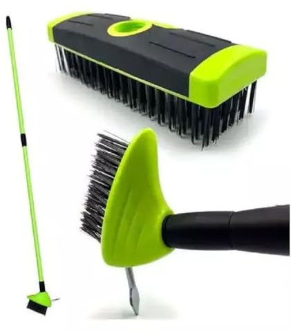 Faboer 3 in 1 Telescopic Weed Remover Brush Wire Head Paving Decking Clean Scrub Moss Weed Remover Tool Wire Brush Scraper Set with Metal Broom & Weed Removal Head (Green)