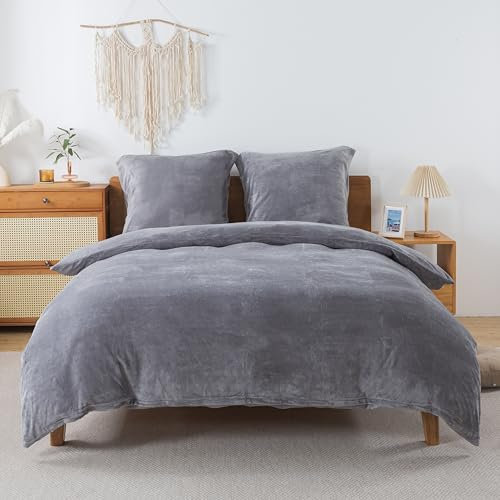 RongRongIN Juego de ropa de cama esponjosa 200x200 cm gris – Edredón de felpa para otoño invierno con 2 fundas de almohada de 80x80 cm, juego de ropa de cama cálido, suave y acogedor con cremallera