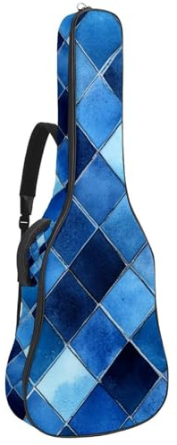Gitarrentasche für Akustikgitarre mit zwei Taschen, Aquarell-Mosaik-Blau, geometrisch, wasserabweisend, doppelt verstellbarer Schultergurt, Gitarrentasche, Aquarell-Mosaik, blau, geometrisch,