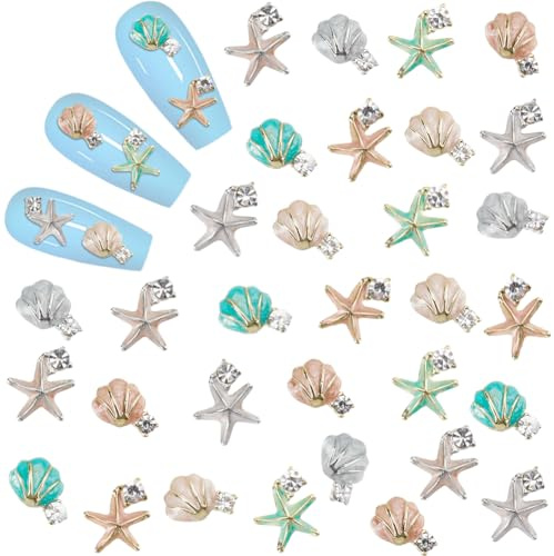 CRASPIRE 32 pieza/Caja de Adornos para Uñas con Forma de Concha Marina 8 estilos 3D Temática de Verano Playa Océano Concha Marina Estrella de Mar Esmalte de Metal Gemas para Uñas Diamantes de Imitació