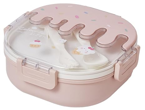 Beufee Lunch Box, contenitore per alimenti a 3 scomparti diviso per il pranzo carino contenitori per il pranzo con forchetta e cucchiaio per viaggi scolastici e lavorativi (Pink)