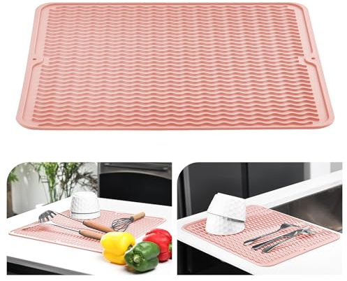 KitchenRaku Dish Drying Mat, Silicone Draining Board Mat, Heat Resistant Dish Draining Mat for Kitchen,Non-Slip Silicone Trivet,Table Mat,Pot Holder,Placemat,Spoon Rest, Coaster (Pink, 40x45cm)
