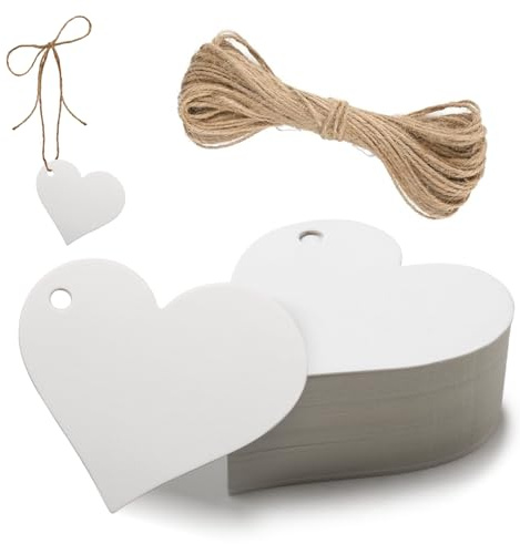 Bigliettini Bomboniere,50pcs Etichetta in Carta Kraft a Forma di Cuore e Spago da 10 M per l'Uso Come Souvenir di Nozze, Confezionamento di Regali, Realizzazione di Oggetti Artigianali ecc. (B:Bianco)