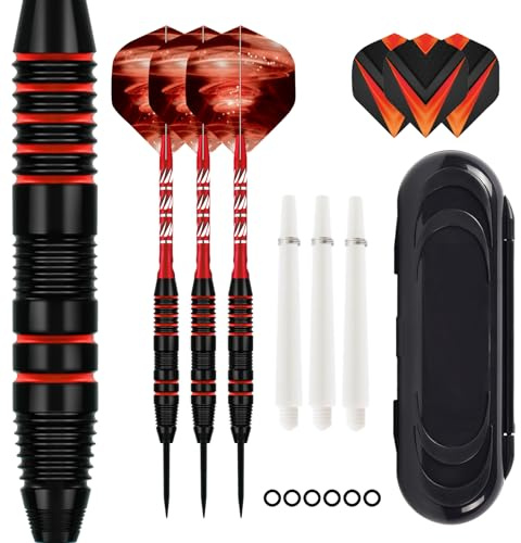 ZLFCypheria 3 stycken dartpilar med metallspets, professionell stjärnkonst med metallspets, steelartsset, med 3 flygningar, 3 aluminiumskaft, 12 anti-lösa gummiringar, 1 dart fodral (röd)