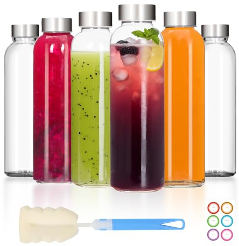 EkkoVla 500ml Glass Water Bottles - 6 Pack Glass Juice Bottles with Stainless Steel Lids - Reusable Leakproof Drinking Containers for Water, Milk, Smoothie, Hot & Cold Drinks