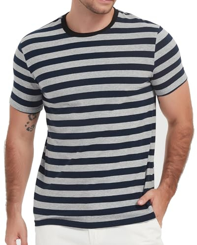Camiseta básica Hombre Cuello Redondo Rayas Blanco/Negro Manga Larga/Corta