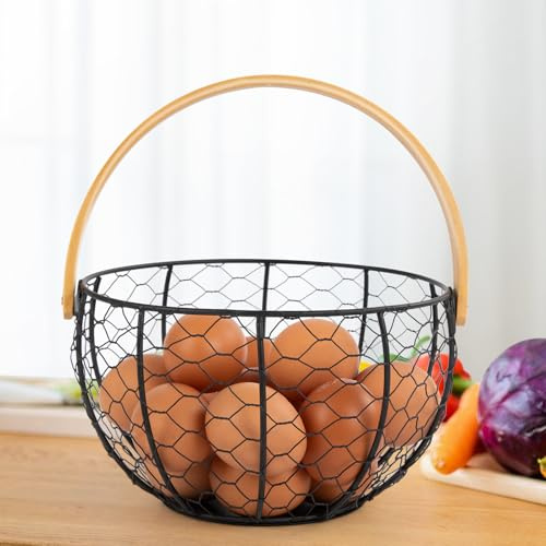 Hunstire Farmhouse Wire Egg Basket for Gathering Fresh Eggs with Wooden Handle, Vintage Style Metal Egg Collecting Basket Countertop Storage Container Holder for Kitchen Decor and Fruit Bin (Black)