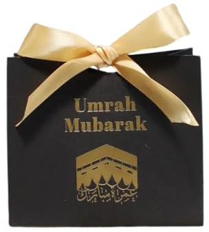 Umrah Mubarak Geschenktüten, 10 Stück, schwarze Mini-Geschenktüten mit goldfarbenem Band, islamische Rückkehr-Geschenke für Umrah, Hadsch, Eid, Ramadan, elegante Umrah-Dekorationen