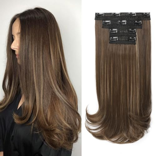 REECHO Clip-in Extensions - 4PC Hair Extensions Clip in Haarverlängerungen 40 cm, Layer-Cut, natürlich aussehende Haarteile mit unsichtbarem weichem Tressenband - Schokobraun mit Strähnchen