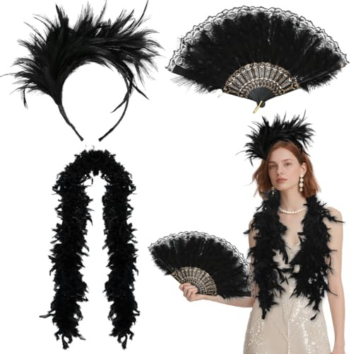 MorLuks Schwarz Federn Kostüm, Federboa + Feder Haarschmuck + Fächer Spitze, Federschal Federfächer, 20er Jahre Kostüm Damen für Halloween Fasching Karneval Cosplay Hochzeit Party