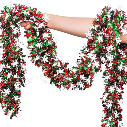 LATERN 10M Christmas Tinsel Garland with Snowflake, Red Green Metallic Tinsel Chunky Glittering Tinsels Thick Shiny Garland for Christmas Tree Winter Wedding Birthday Holiday Party Decoration