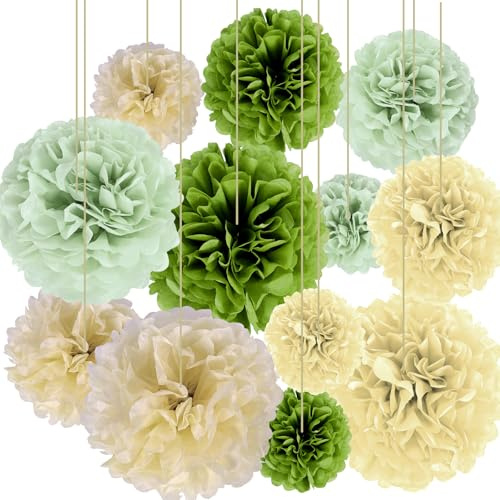 Tarqite 12 Stück Papier Pompons Deko, 8/10/12 inch Salbei Grün Beige Creme Olive Seidenpapier Pompoms, Honeycomb Tissue Papier Pom Poms für Babyparty Hochzeit Geburtstag Tischdeko Boho Gartenparty