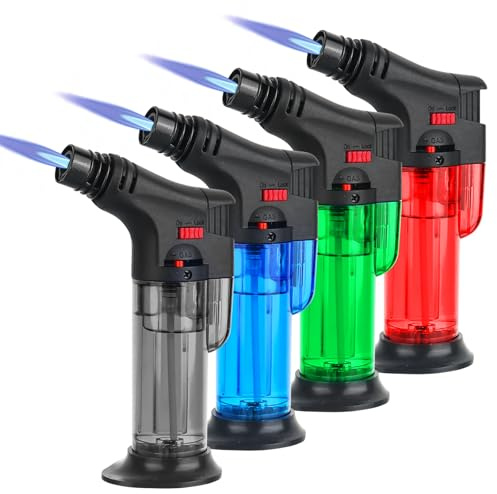 4 Stück Flambierbrenner, Küchenbrenner Crème Brulée Brenner, Bunsenbrenner mit Sicherheitsschloss, Nachfüllbar Gasbrenner für Küche, Gebäck, Desserts, Camping, Grillen (Color-2)