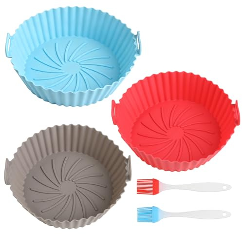 3 Piezas Molde Silicona Freidora de Aire, Bandeja Recipiente de Silicona Air Fryer Accesorios sin Aceite Olla para Freidora Reutilizable Antiadherentes para Airfryer Microondas Molde para Vapor Tartas