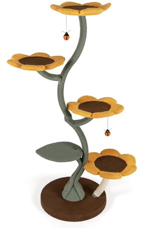 COSTWAY Árbol Rascador para Gatos, 175 cm Torre Gatos Rascador Estilo de Girasol con 5 Plataformas Acolchonadas Multinivel en Forma de Flor y Hoja, Postes para Rascar y Bola Colgante Estilo Insecto