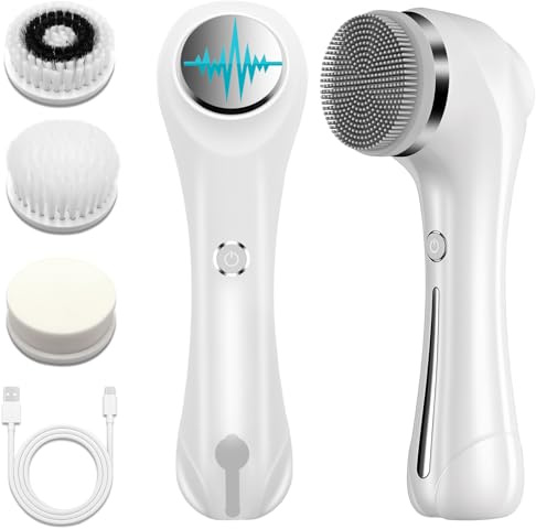 Brosse Nettoyante Visage, Electrique Beauté Brosse Faciale avec 4 Têtes de Brosse, Appareil Massage Visage Résistance à l'eau IPX7, Assure Nettoyage, Massage Vibratoire et Chaleur