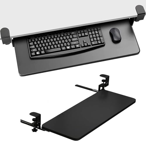Extra bred tangentbordsbricka under skrivbord, glidande tangentbordsplattform för standardtangentbord och möss, 520/650/750 x 250 mm (teak, 21 x 10 tum) - platsbesparande design, ergonomisk komfort.