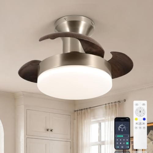 Ventilador de techo con luz y mando a distancia, 52 cm pequeño ventilador de aspas retráctiles, LED de intensidad variable, 6 velocidades, silencioso, acabado nogal y níquel cepillado, para dormitorio